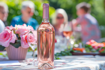 Rose wine on served table outdoors, people on blurred background. Family dinner in the summer garden, friends celebrating, togetherness, company gathered at the table, festive warm atmosphere