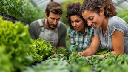 Three People Observing Plants in a Greenhouse