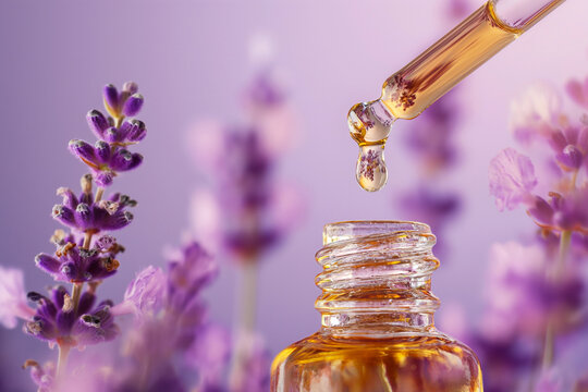 A bottle of essential oil with fresh lavender twigs on violet background. Essential Aromatic oil, lavender flowers. Aromatherapy, skincare cosmetics products, alternative medicine and perfumery