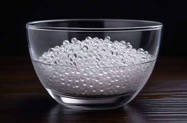 Round vessel with transparent plastic granules on wooden table