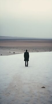 Silhouette of alone man standing in desert landscape, back view.