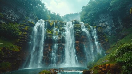 Waterfall Surrounded by Lush Green Forest
