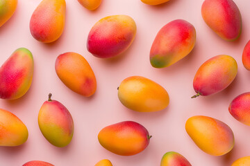 Pattern with mango, top view, flat lay. Tropical abstract background. Ripe juicy mangoes, pastel...