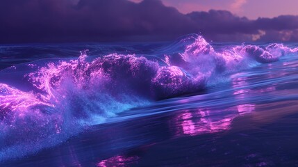 Luminous neon waves gently washing over a virtual beach, casting a surreal glow.