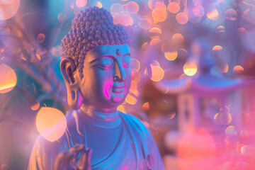 Holographic buddha statue. Bright and shiny hologram style, futuristic pink and blue serene...