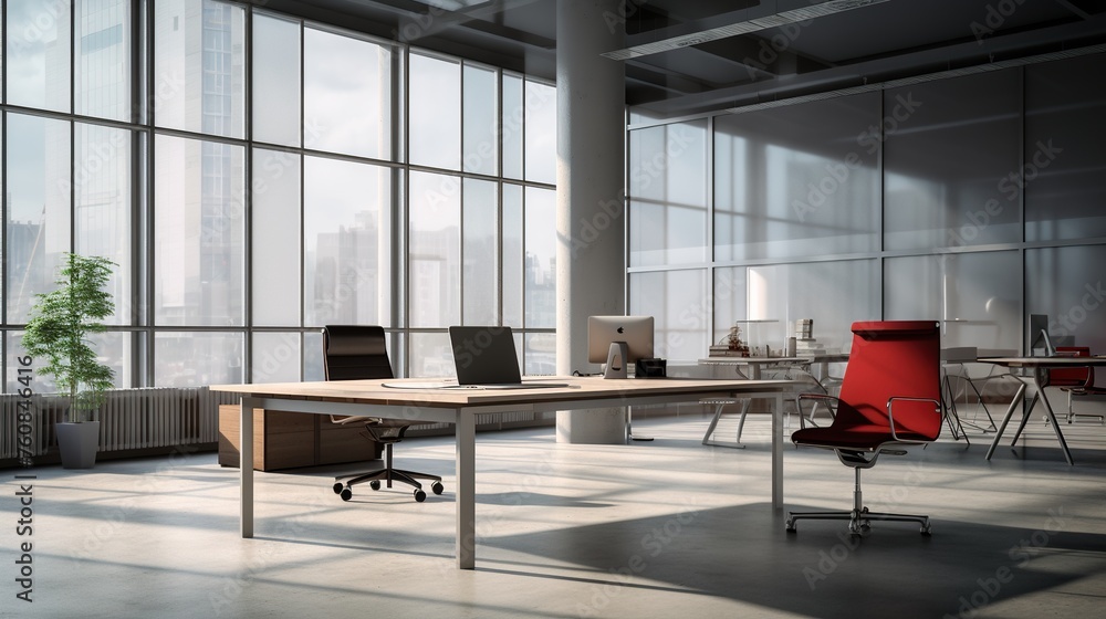 Aufkleber empty open space office with table, chair and computer with natural light form window. modern office
