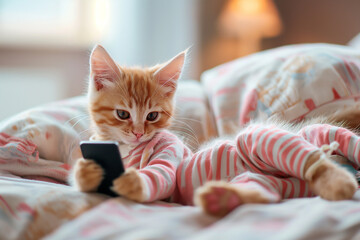 Cat in bed with smartphone. Funny pets, social media, Internet news addiction, screen time before sleeping concept, insomnia, cannot sleep. Gadget addicted, first thing in the morning, playing games