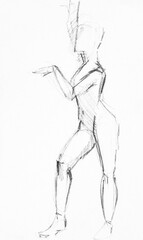 training sketch of female nude model standing sideways with with arms raised, hand-drawn in black sauce pastel on white paper - 760846423