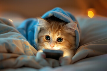 Cat in bed with smartphone at night. Funny pets, social media and Internet news addiction, screen time before sleeping concept, insomnia, cannot sleep. Gadget addicted, playing games, browsing
