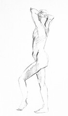 training sketch of female nude model standing sideways with her hands on back of her head, hand-drawn in black sauce pastel on white paper - 760846433