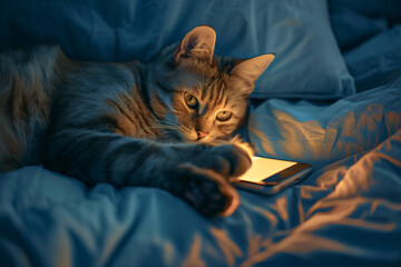 Cat in bed with smartphone at night. Funny pets, social media and Internet news addiction, screen time before sleeping concept, insomnia, cannot sleep. Gadget addicted, playing games, browsing