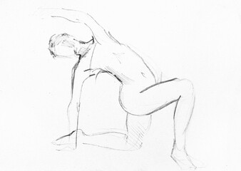 training sketch of female nude model standing sideways on one knee bending back, hand-drawn in black sauce pastel on white paper - 760846454