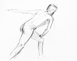 training sketch of female nude model standing in discus pose, hand-drawn in black sauce pastel on white paper - 760846455