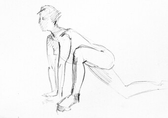 training sketch of female nude model standing sideways on one knee and leaning in front on her hands, hand-drawn in black sauce pastel on white paper - 760846457