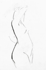 training sketch of standing female nude model from side and front with one arm behind her head, hand-drawn in black sauce pastel on white paper
