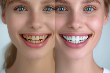 Professional teeth whitening and cleaning. Young smiling woman showing before and after results. Stomatology and dental clinic concept. Teeth bleaching advertising collage