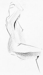 training sketch of female nude model with one arm behind her head sitting on podium, hand-drawn in black sauce pastel on white paper - 760846487