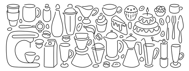 Obraz premium Coffee line, tea set Cup, bakery dessert, bar sign