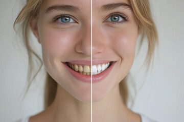 Professional teeth whitening and cleaning. Young smiling woman showing before and after results. Stomatology and dental clinic concept. Teeth bleaching advertising collage - obrazy, fototapety, plakaty