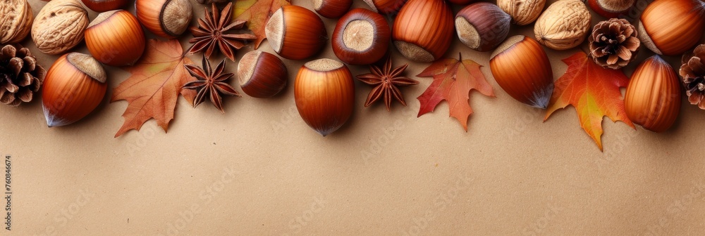 Aufkleber variety of nuts on neutral background with abundant space for customized text placement