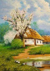 Spring rural landscape with a blooming garden near old retro houses with thatched roofs. Rustical landscape, oil paintings rural landscape, fine art, artwork, in the old village. - 760846643