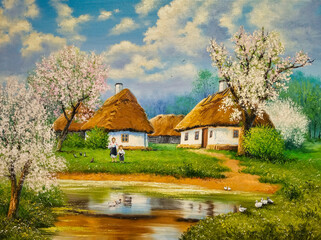 Spring rural landscape with a blooming garden near old retro houses with thatched roofs, a pond with ducks. Rustical landscape, oil paintings rural landscape, fine art, artwork, in the old village.