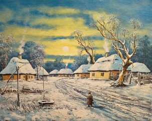 Road in deep snow in an old snow-covered village, retro houses with thatched roofs. Oil paintings rural landscape, old willage, winter in the old willage, old house in the woods. Fine art, artwork - 760846688
