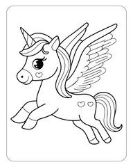 Cute Unicorn vector for kids coloring book pages, unicorn black and white vector