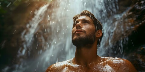Man refreshing under waterfall after workout for postexercise rejuvenation and relaxation . Concept Workout Recovery, Waterfall Refreshment, Post-exercise Relaxation, Rejuvenation Techniques
