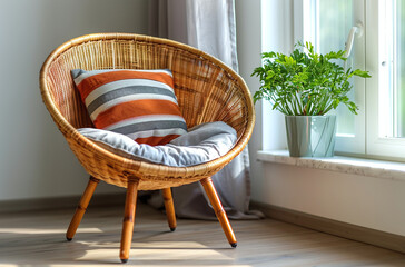 Fototapeta na wymiar Cozy wicker chair with cushions by a sunny window with green plant, inviting relaxation in a modern home interior.