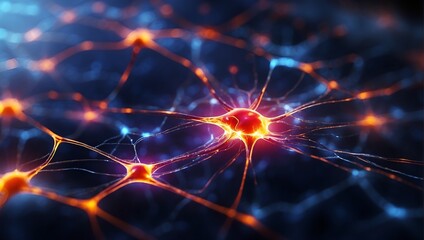 Naklejka na ściany i meble Close up active nerve cells. Human brain stimulation or activity with neurons. Neural net structure. Human nerve network.