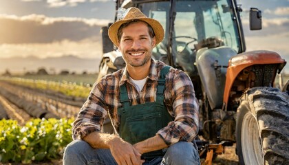 Portrait of a smiling farmer sitting next to a tractor in working clothes  - obrazy, fototapety, plakaty
