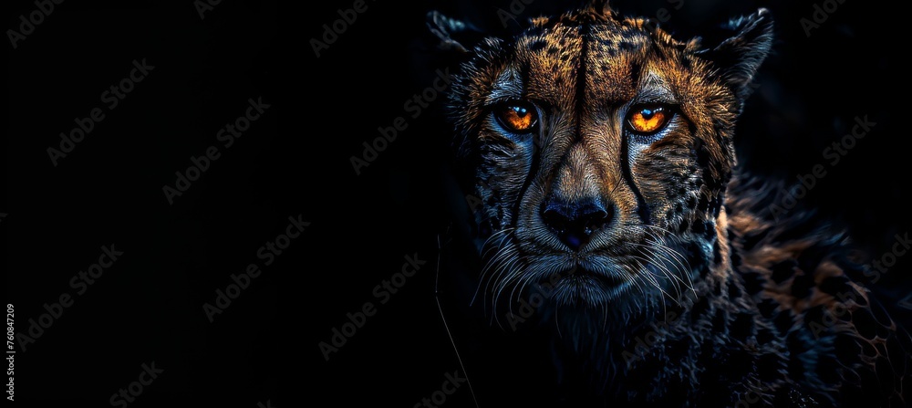 Poster male cheetah and cub portrait with text space, object on right side for balanced composition