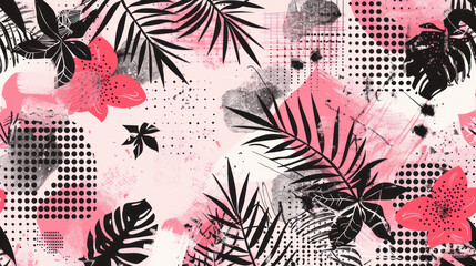 a pink and black floral wallpaper with palm leaves and dots on a pink background with a black and white polka dot.
