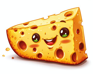 Cartoon illustration of a cheerful slice of Swiss cheese with cute eyes and a happy smile, isolated...