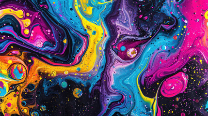an abstract painting with multicolored paint and drops of water on the bottom of the image and on the bottom of the image is a black background. - obrazy, fototapety, plakaty