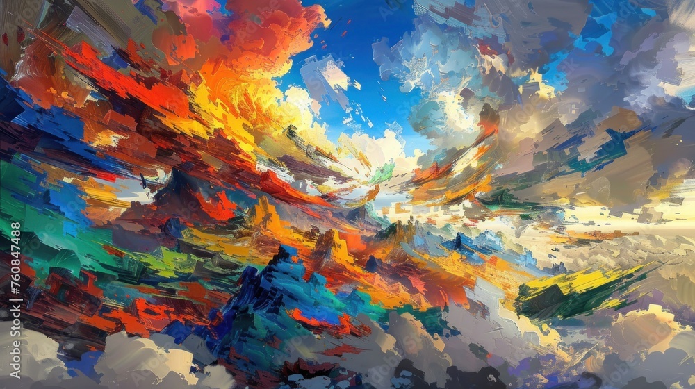 Poster a painting of a colorful sky with clouds in the foreground and a blue sky with clouds in the backgro