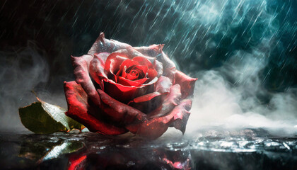 Dramatic studio photo of a rose in the rain with mist and fog. Great for weddings or valentines.