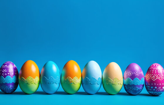 Row of easter painted eggs on blue background.