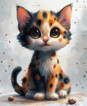 Adorable illustrated calico kitten with big eyes and colorful spots, sitting against a speckled background.