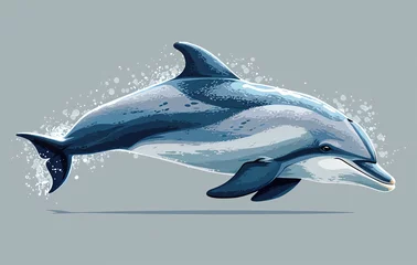 Zelfklevend Fotobehang Illustration of a playful dolphin leaping with water splashes on a grey background. © Gayan