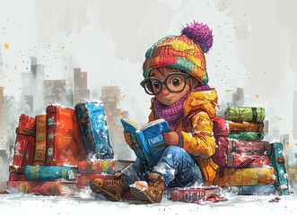 Colorful illustration of a child reading a book surrounded by piles of books, wearing winter clothes and glasses.