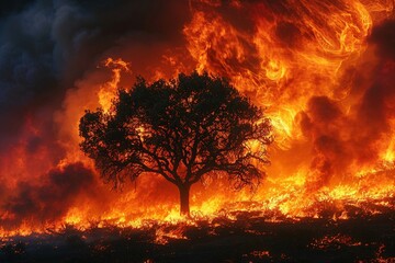 Solitary Tree Amidst a Raging Forest Fire - obrazy, fototapety, plakaty