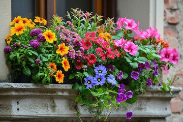 Colorful Balcony boxes flowers. Home colorful plants decorative pots. Generate Ai