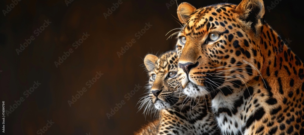 Poster male leopard and cub portrait with text space, object on right side for visual harmony