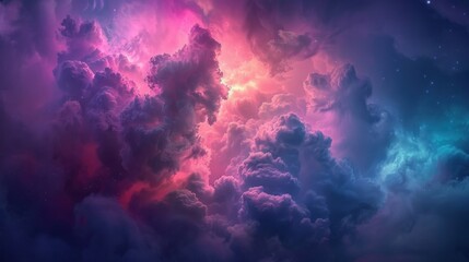 a sky filled with lots of clouds and a star filled sky in the center of the picture is a pink, blue and purple cloud filled sky with stars. - obrazy, fototapety, plakaty