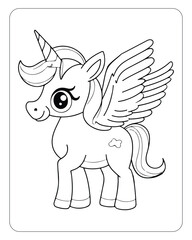 Cute Unicorn vector for kids coloring book pages, unicorn black and white vector