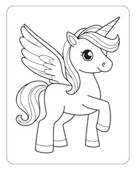 Cute Unicorn vector for kids coloring book pages, unicorn black and white vector