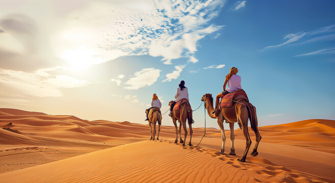 Camel caravan going through the desert  at sunset. Arab men in traditional kandura in the desert with camels.