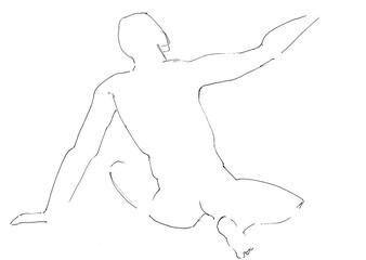 training sketch of male nude model sitting with her back with raised arm, hand-drawn in black ink on white paper - 760848098